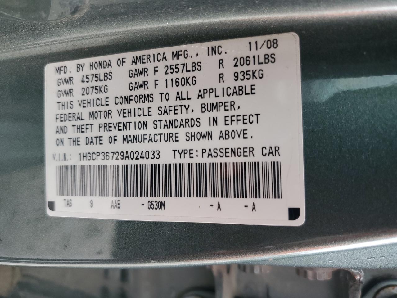 HONDA ACCORD 2009 VIN 1HGCP36729A024033 zdjęcie 13