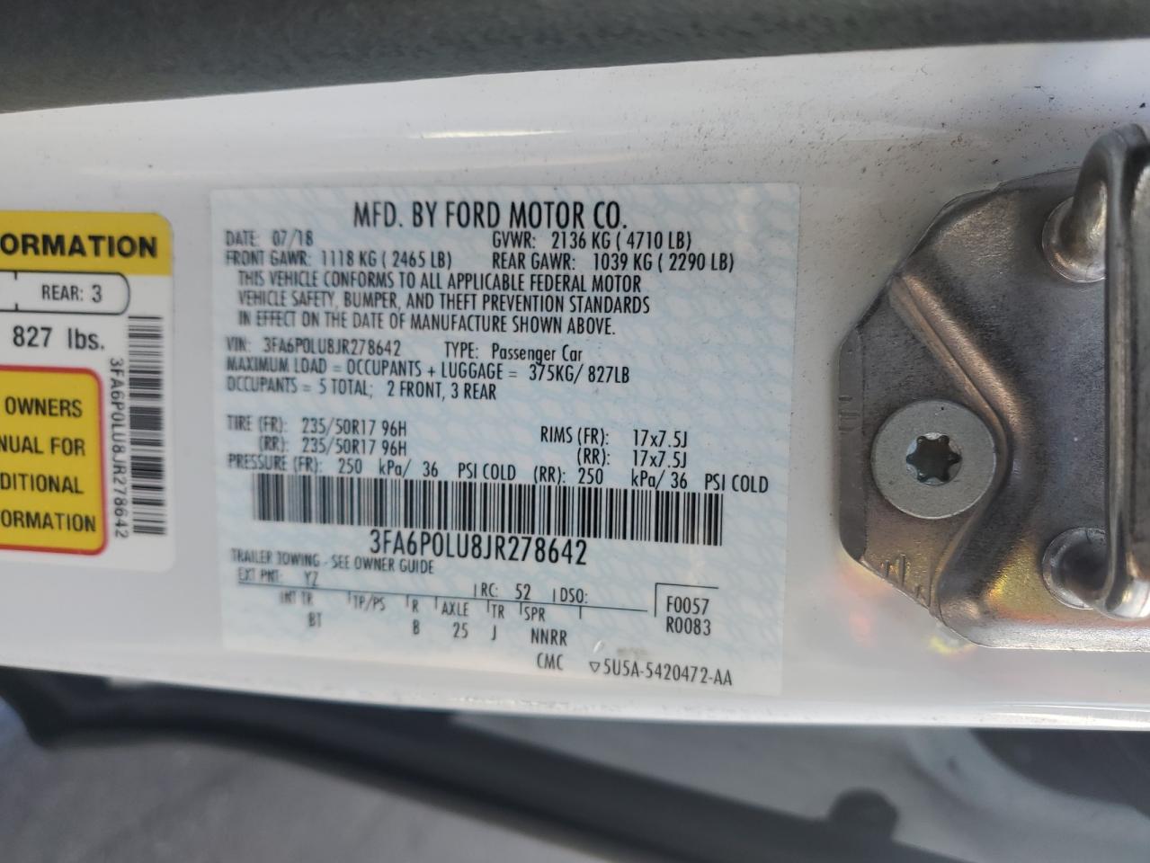 2018 Ford Fusion Se Hybrid VIN: 3FA6P0LU8JR278642 Lot: 54025455