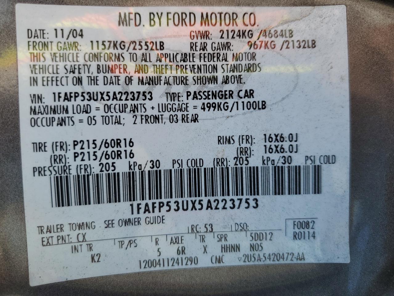 2005 Ford Taurus Se VIN: 1FAFP53UX5A223753 Lot: 58780475