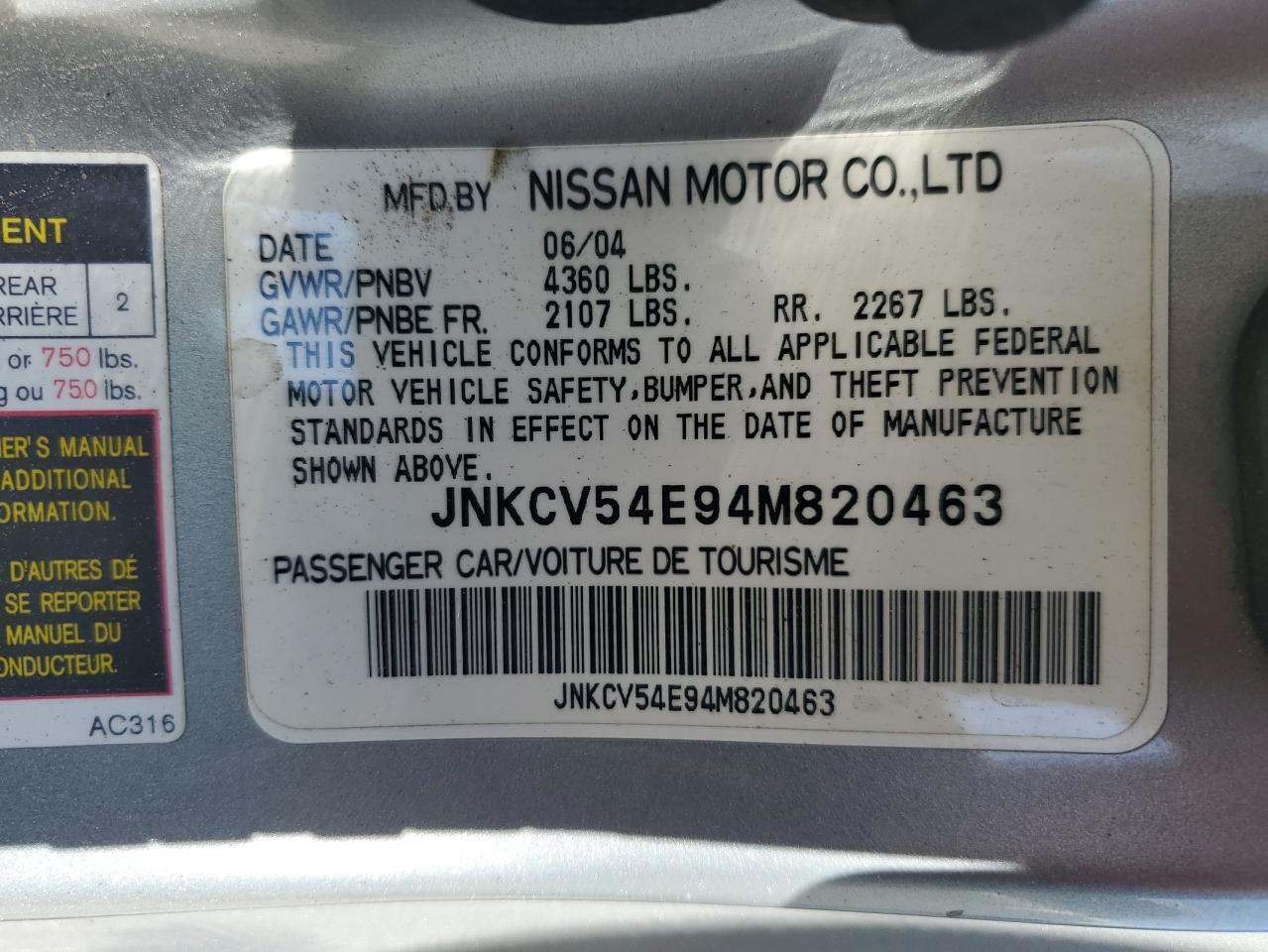 2004 Infiniti G35 VIN: JNKCV54E94M820463 Lot: 57229585