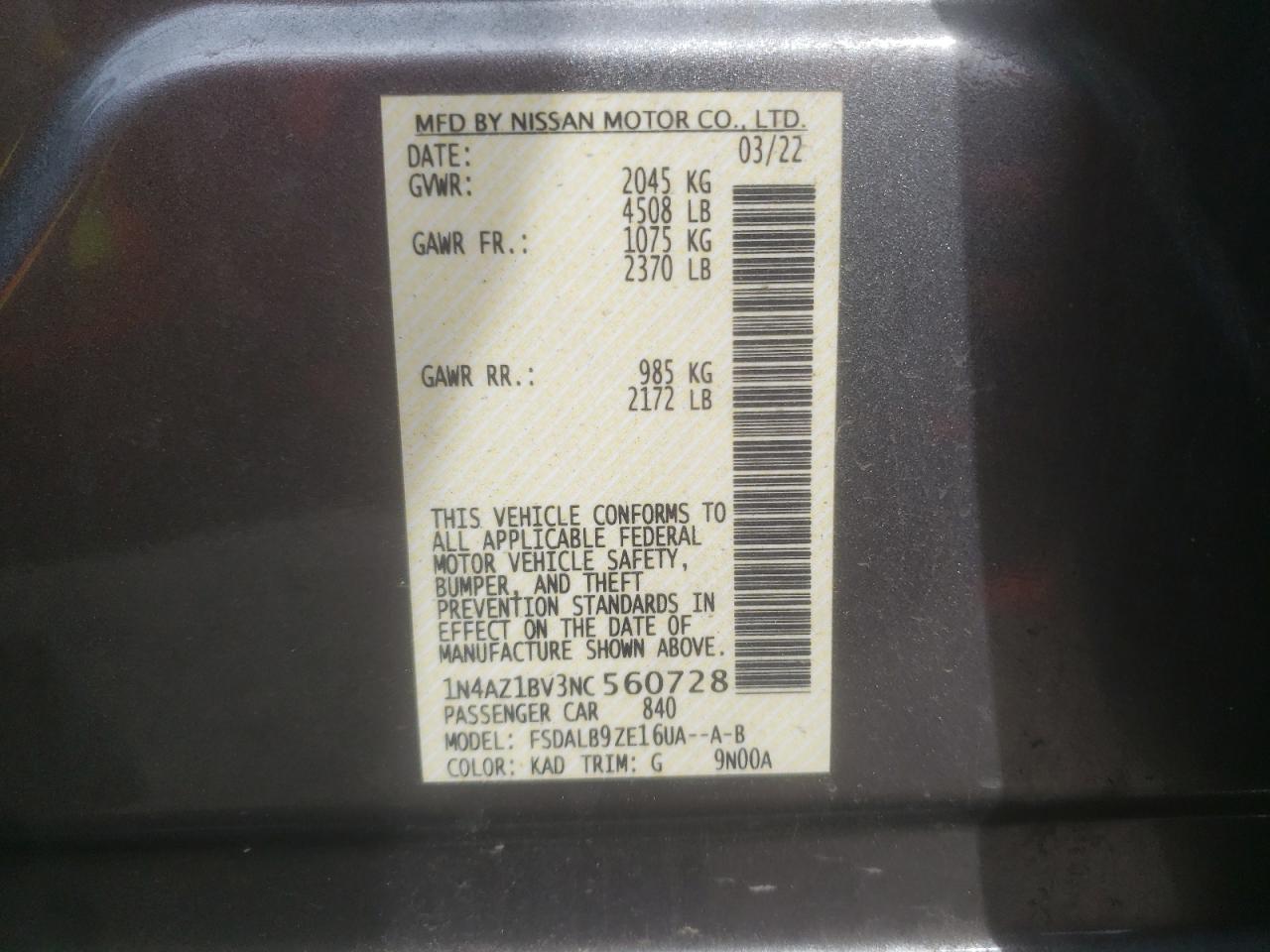 2022 Nissan Leaf S VIN: 1N4AZ1BV3NC560728 Lot: 57691885