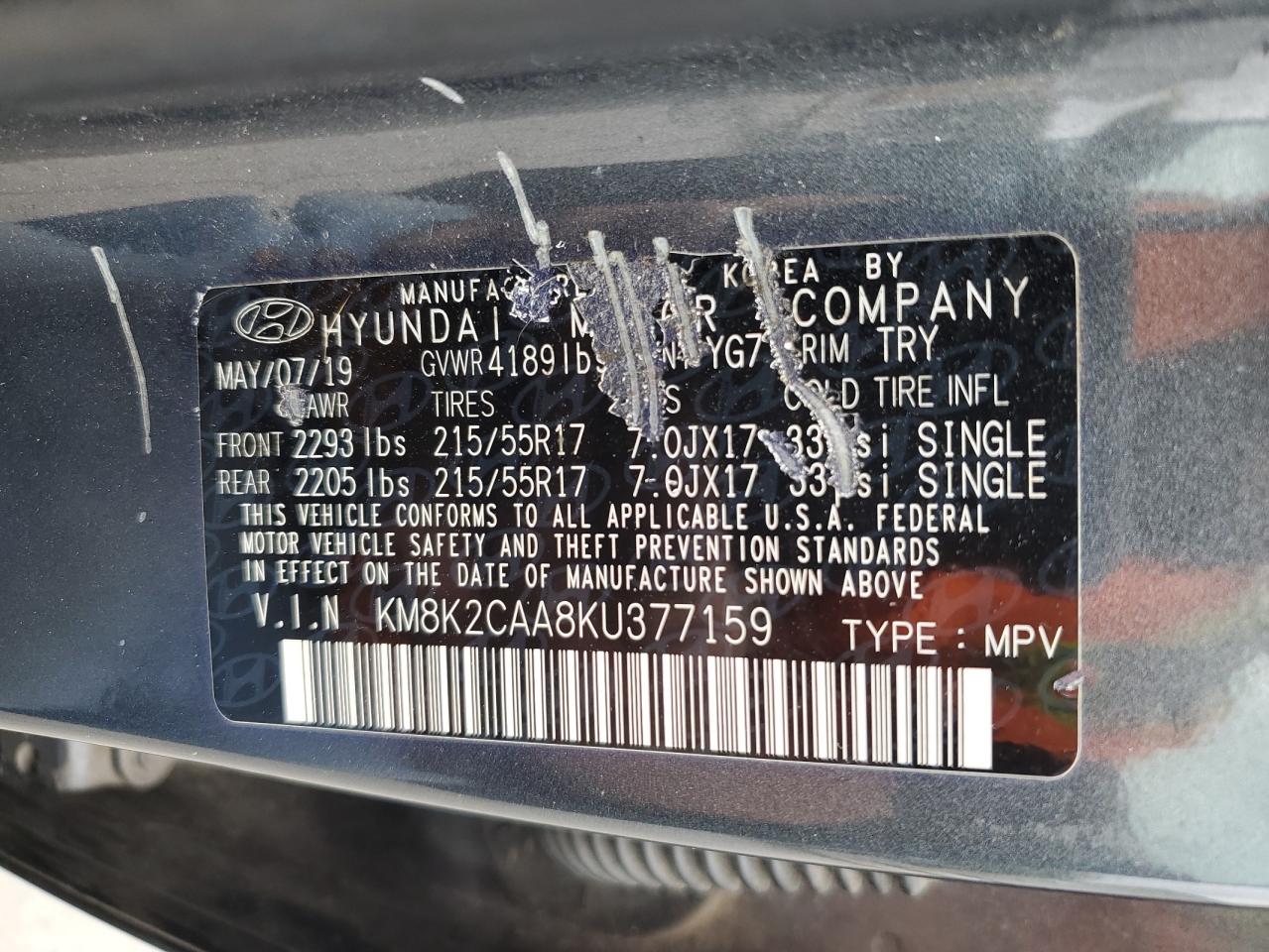 2019 Hyundai Kona Sel VIN: KM8K2CAA8KU377159 Lot: 55736815