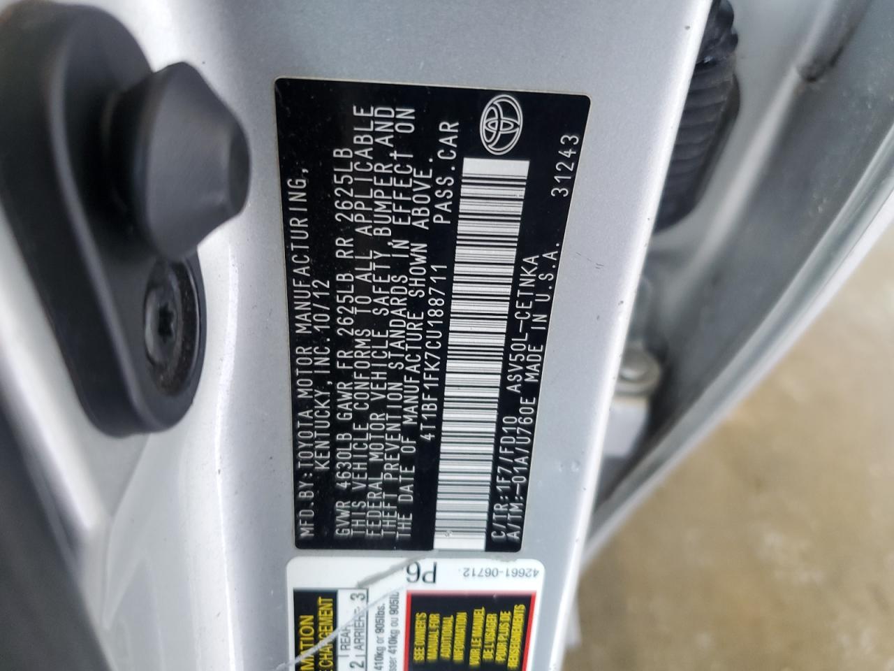 2012 Toyota Camry Base VIN: 4T1BF1FK7CU188711 Lot: 56510225