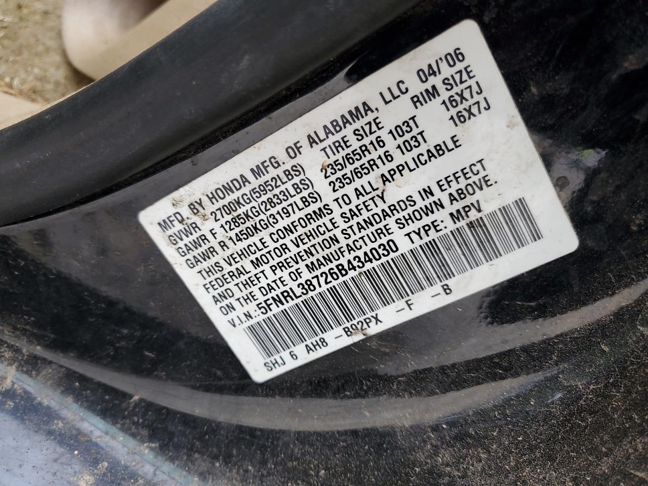 2006 Honda Odyssey Exl VIN: 5FNRL38726B434030 Lot: 57312675