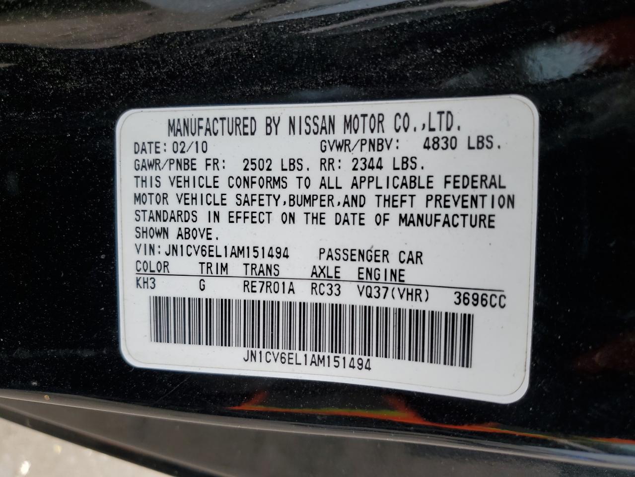 2010 Infiniti G37 VIN: JN1CV6EL1AM151494 Lot: 56909085