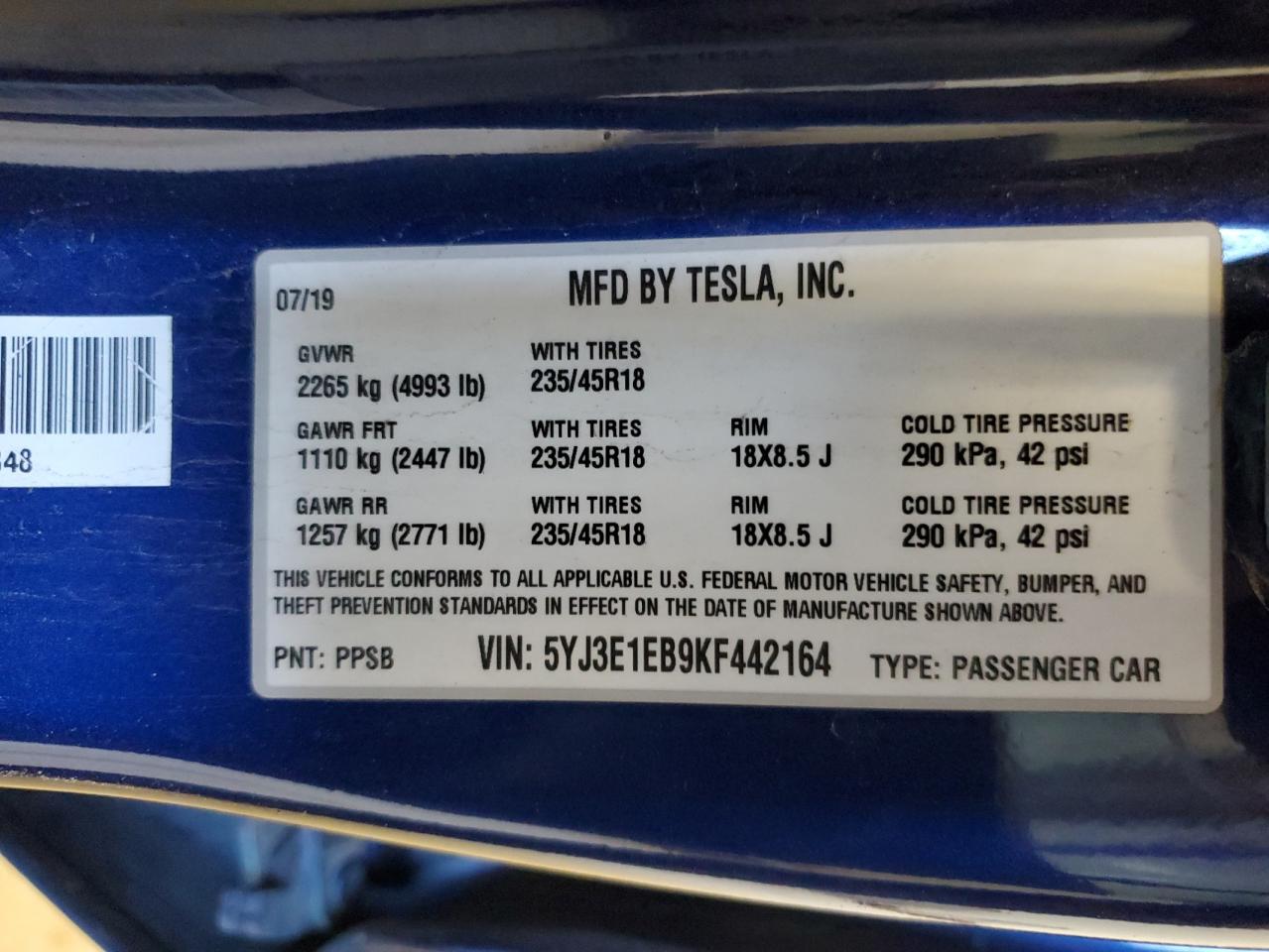 2019 Tesla Model 3 VIN: 5YJ3E1EB9KF442164 Lot: 56008225