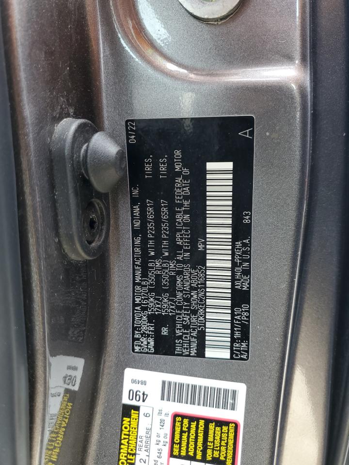 2022 Toyota Sienna Le VIN: 5TDKRKEC2NS116852 Lot: 55249365