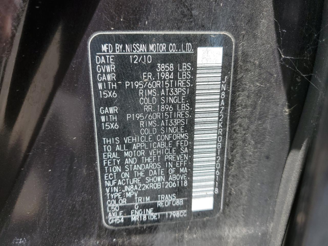 2011 Nissan Cube Base VIN: JN8AZ2KR0BT206118 Lot: 57440065