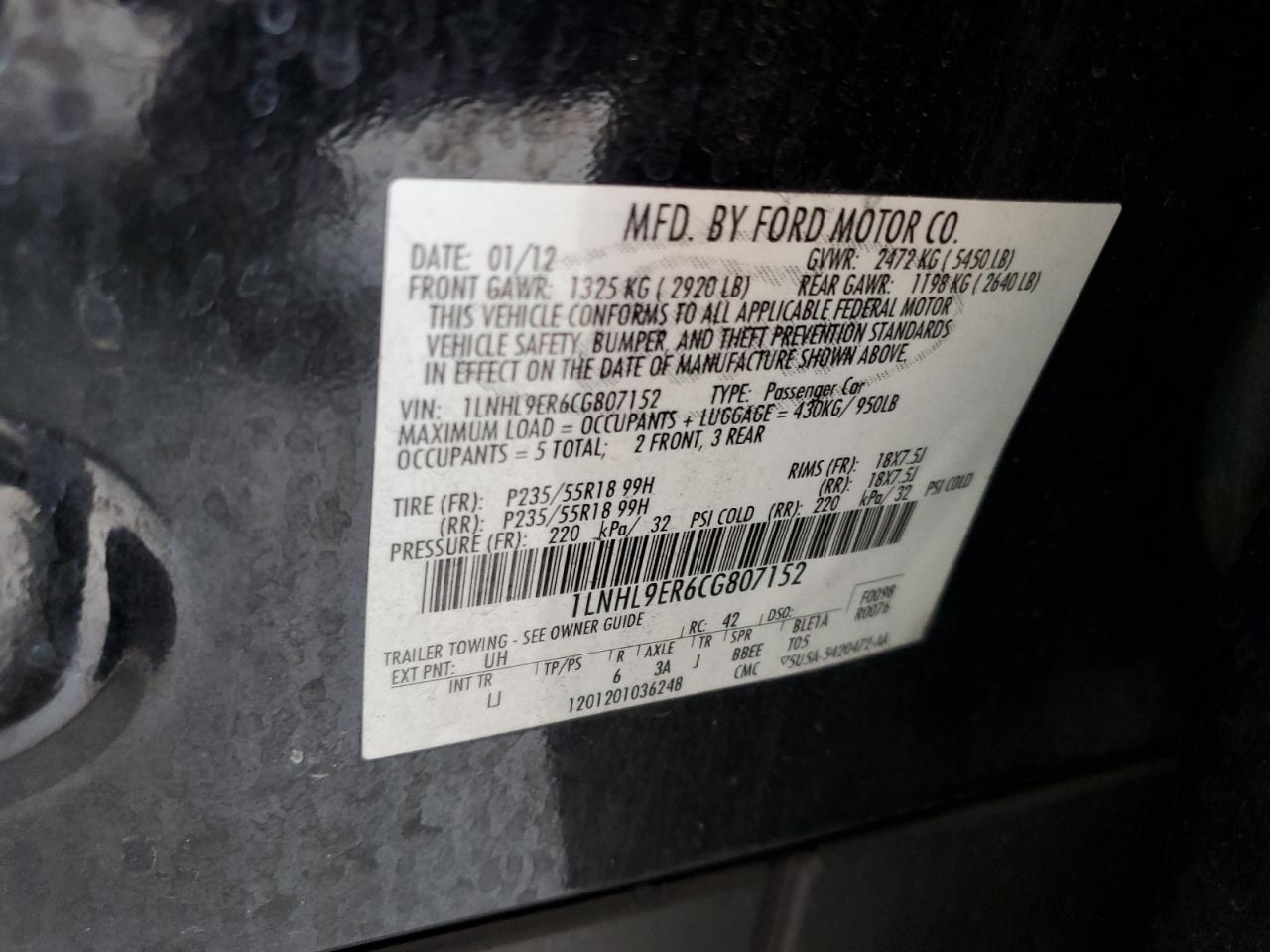 2012 Lincoln Mks VIN: 1LNHL9ER6CG807152 Lot: 56309925
