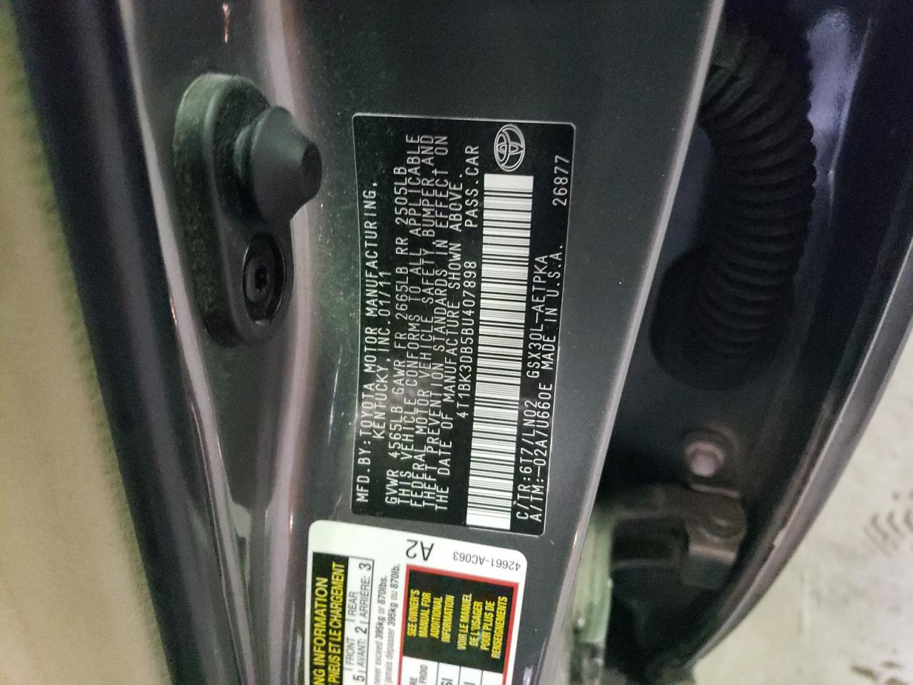 2011 Toyota Avalon Base VIN: 4T1BK3DB5BU407898 Lot: 56146965
