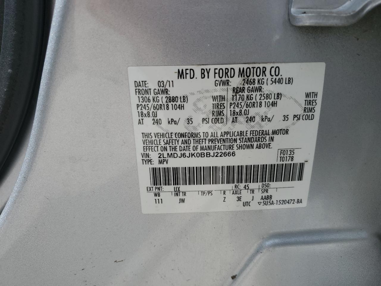 2011 Lincoln Mkx VIN: 2LMDJ6JK0BBJ22666 Lot: 56235925