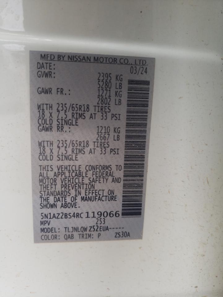 2024 Nissan Murano Sv VIN: 5N1AZ2BS4RC119066 Lot: 55278045