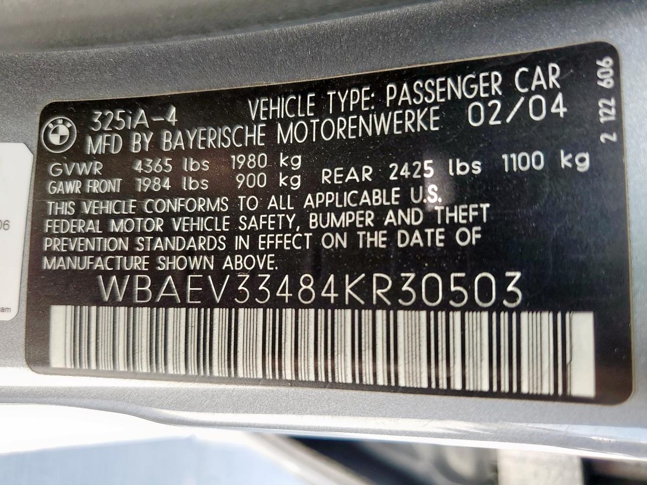 2004 BMW 325 I VIN: WBAEV33484KR30503 Lot: 59113015