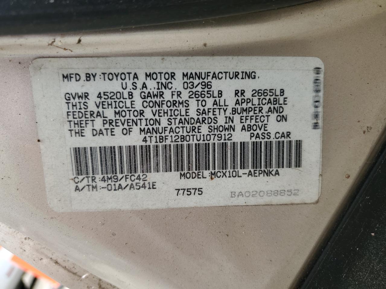 1996 Toyota Avalon Xl VIN: 4T1BF12B0TU107912 Lot: 58686905