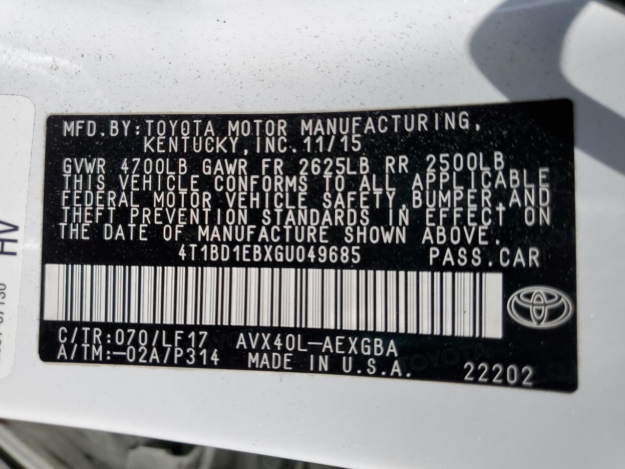 2016 Toyota Avalon Hybrid VIN: 4T1BD1EBXGU049685 Lot: 56748195
