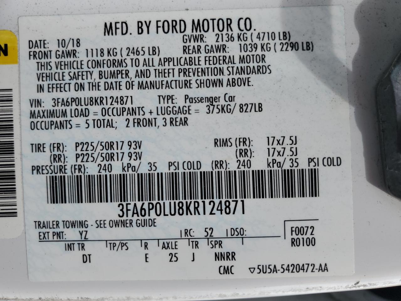 2019 Ford Fusion Se VIN: 3FA6P0LU8KR124871 Lot: 54025535