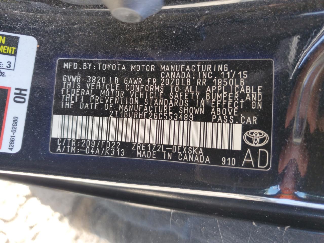 2016 Toyota Corolla L VIN: 2T1BURHE2GC553489 Lot: 56961495