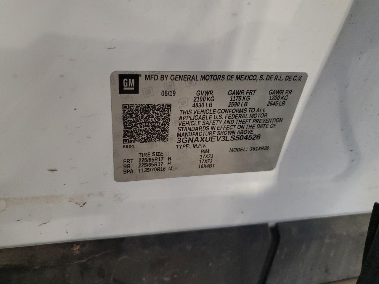 2020 Chevrolet Equinox Lt VIN: 3GNAXUEV3LS504526 Lot: 58000875
