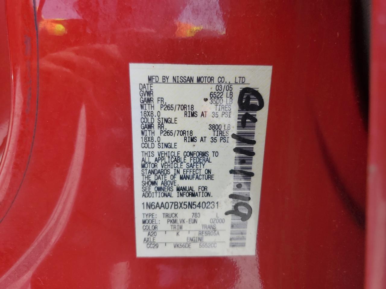 2005 Nissan Titan Xe VIN: 1N6AA07BX5N540231 Lot: 56831995