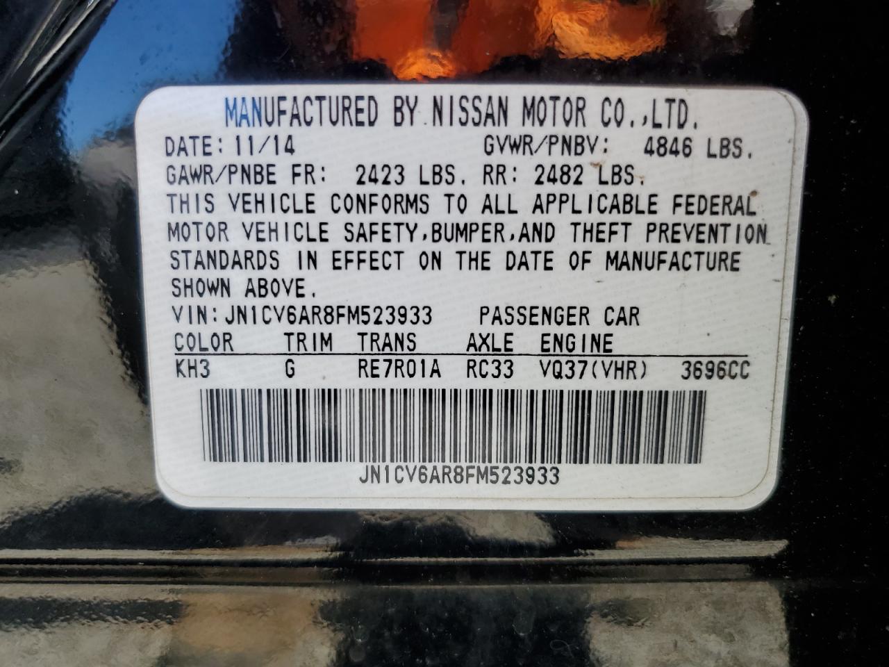 2015 Infiniti Q40 VIN: JN1CV6AR8FM523933 Lot: 56004625