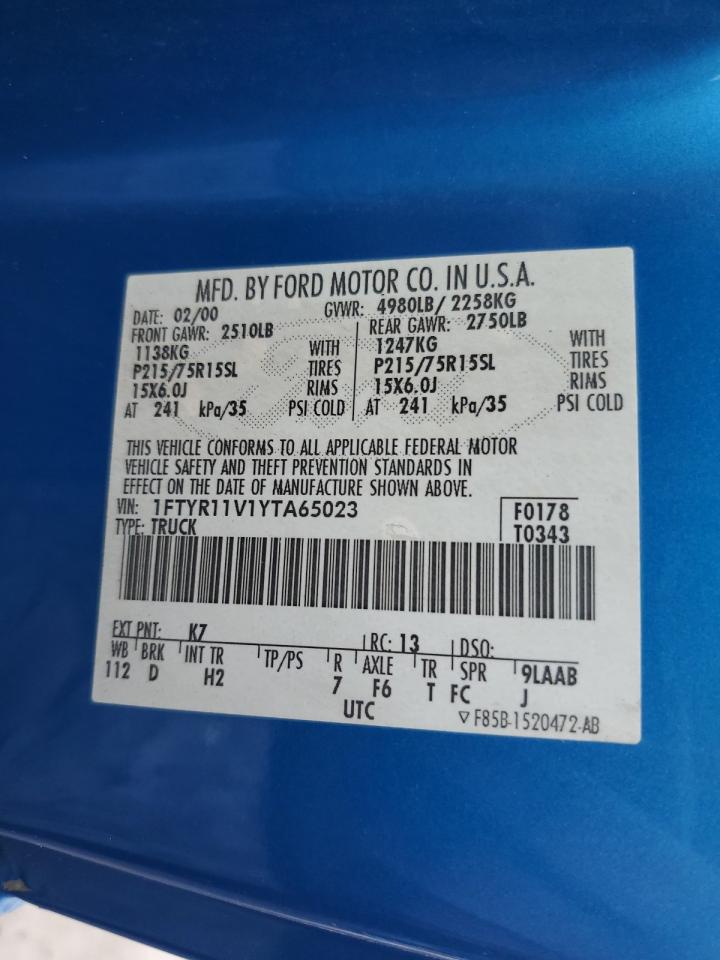 2000 Ford Ranger VIN: 1FTYR11V1YTA65023 Lot: 57795135