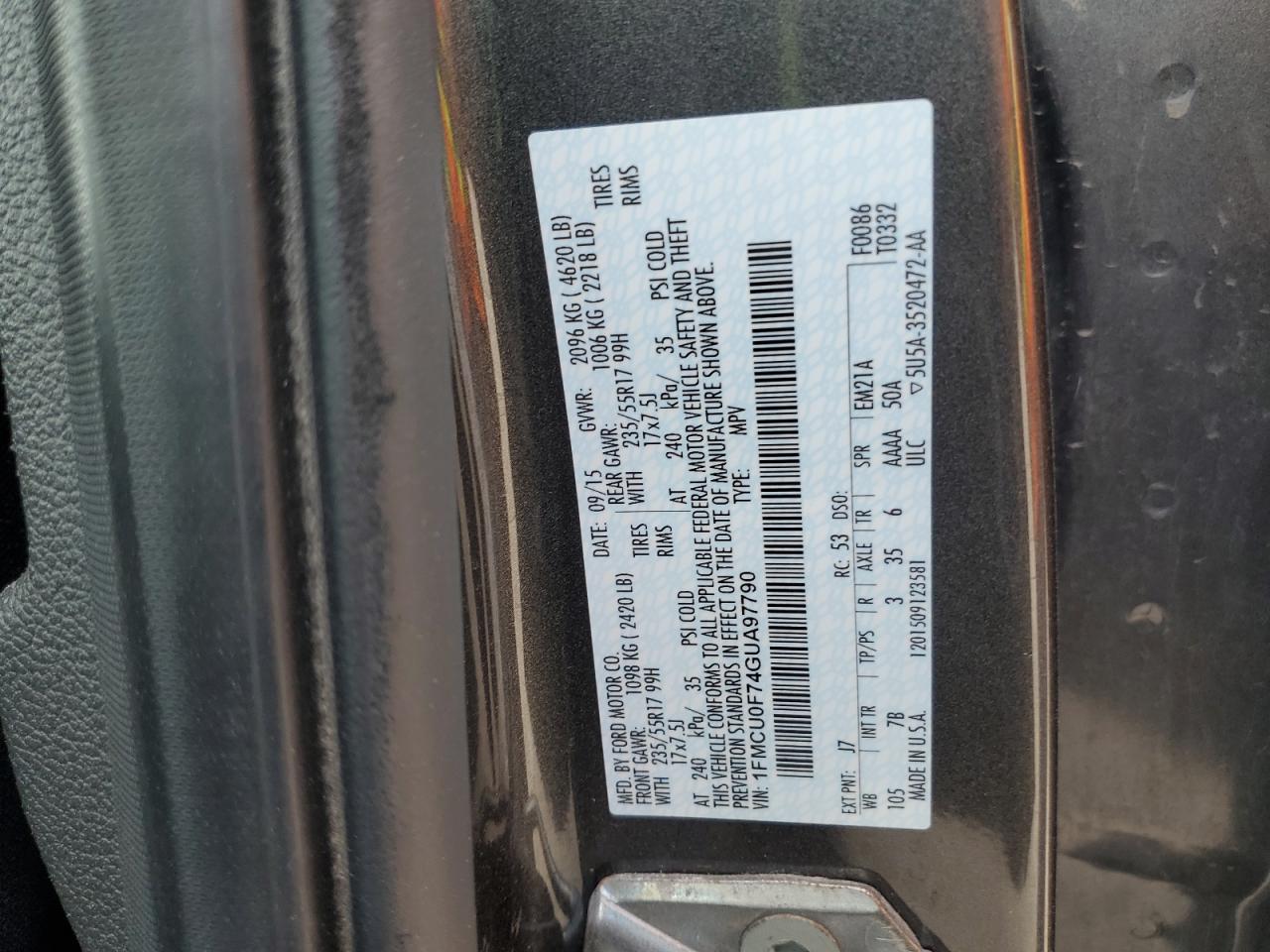 2016 Ford Escape S VIN: 1FMCU0F74GUA97790 Lot: 56838435