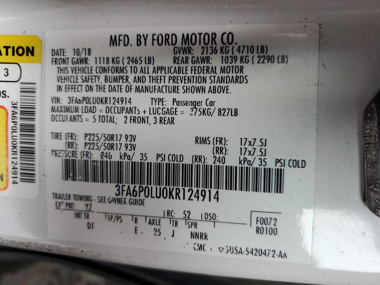 2019 Ford Fusion Se VIN: 3FA6P0LU0KR124914 Lot: 54043635