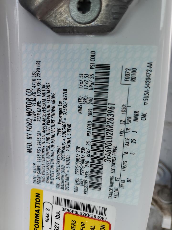 2019 Ford Fusion Se VIN: 3FA6P0LU2KR263961 Lot: 54028585