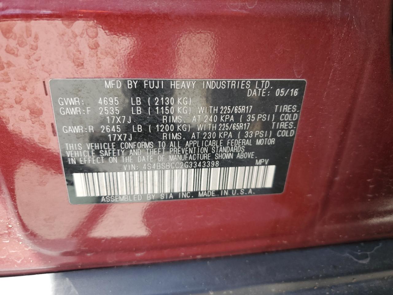 2016 Subaru Outback 2.5I Premium VIN: 4S4BSBCC2G3343398 Lot: 56355625