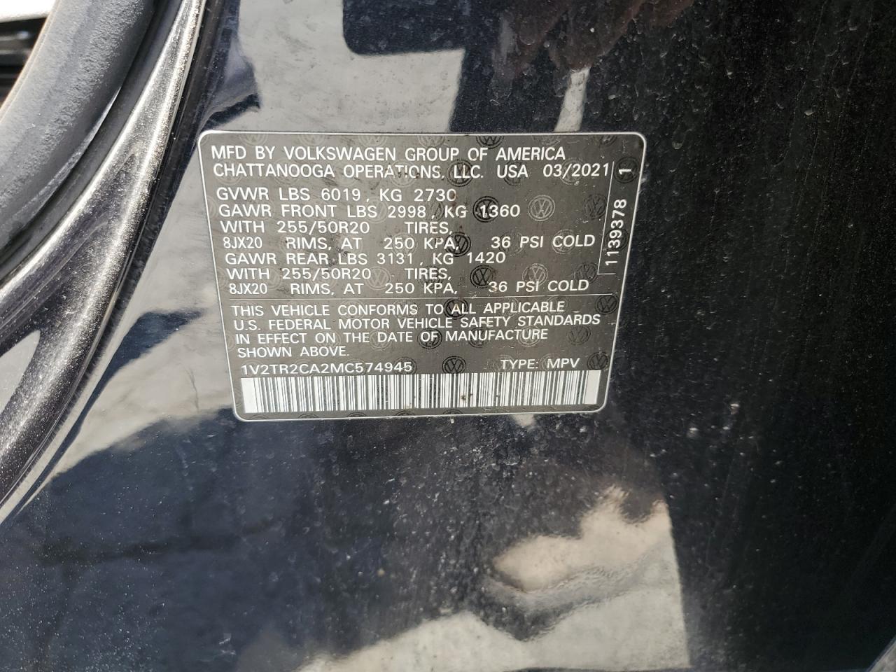 2021 Volkswagen Atlas Sel Premium VIN: 1V2TR2CA2MC574945 Lot: 58672255