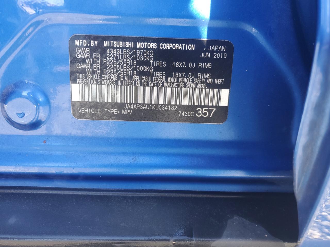 2019 Mitsubishi Outlander Sport Es VIN: JA4AP3AU1KU034182 Lot: 55766445
