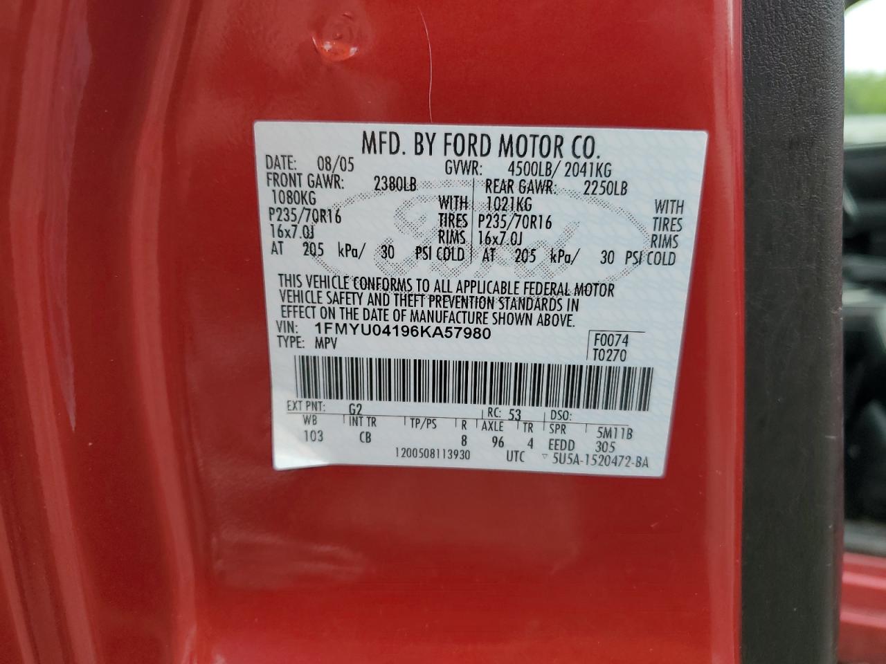 2006 Ford Escape Limited VIN: 1FMYU04196KA57980 Lot: 58719335