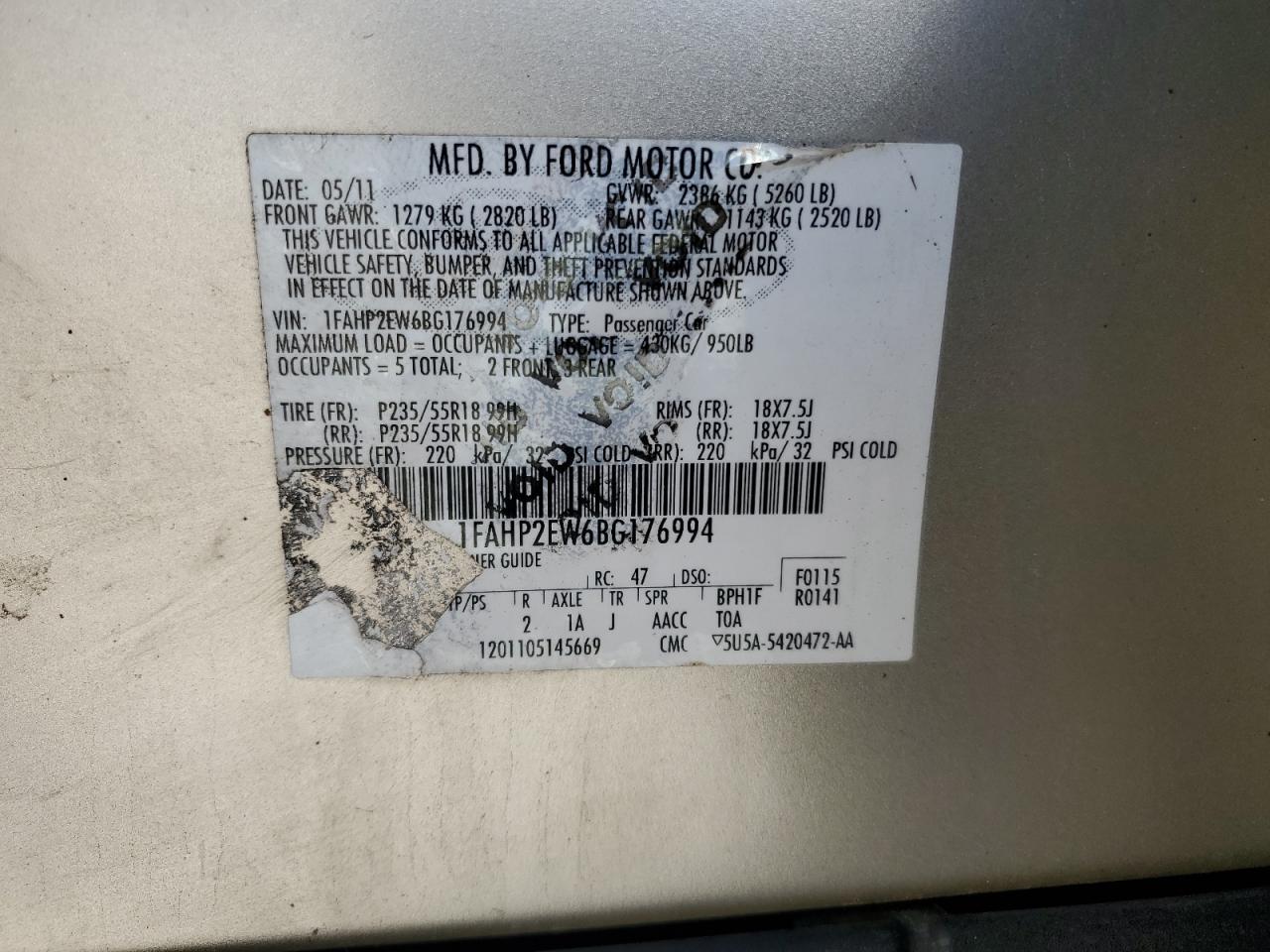 2011 Ford Taurus Sel VIN: 1FAHP2EW6BG176994 Lot: 56154735