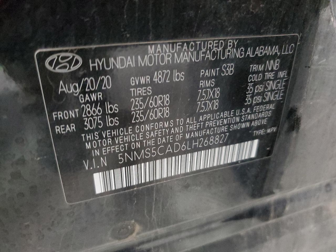 2020 Hyundai Santa Fe Limited VIN: 5NMS5CAD6LH268827 Lot: 57853955