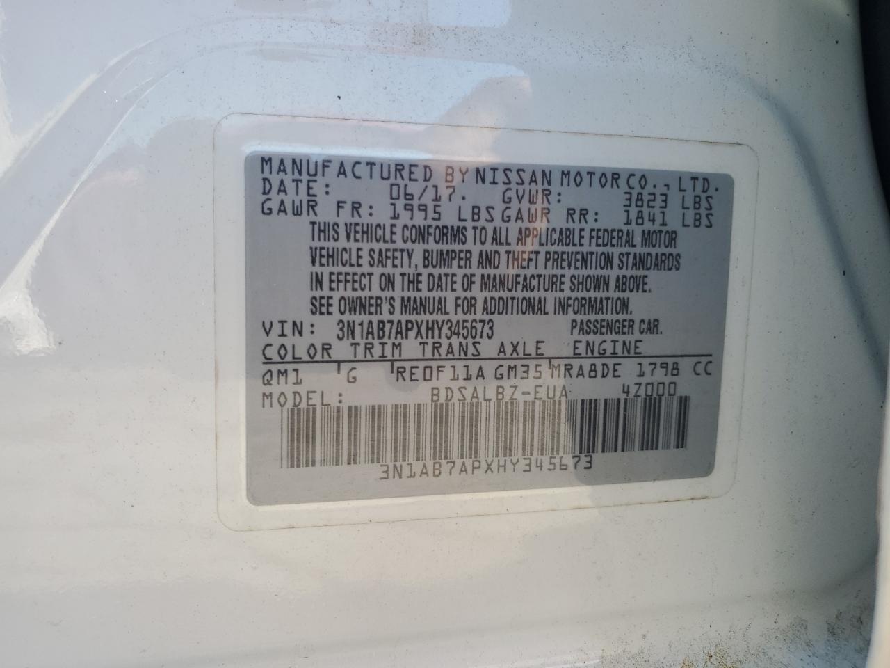 2017 Nissan Sentra S VIN: 3N1AB7APXHY345673 Lot: 57078125