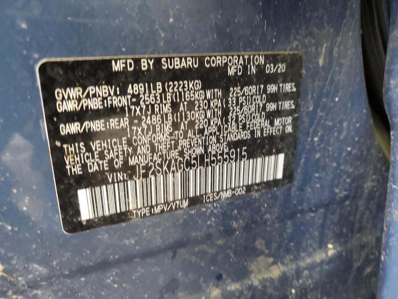 2020 Subaru Forester Premium VIN: JF2SKAGC5LH555915 Lot: 58797755