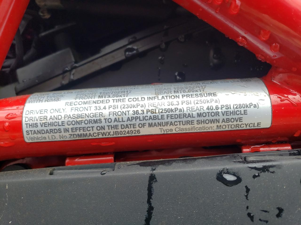 2018 Ducati Monster 1200 VIN: ZDMMACFWXJB024926 Lot: 58168195