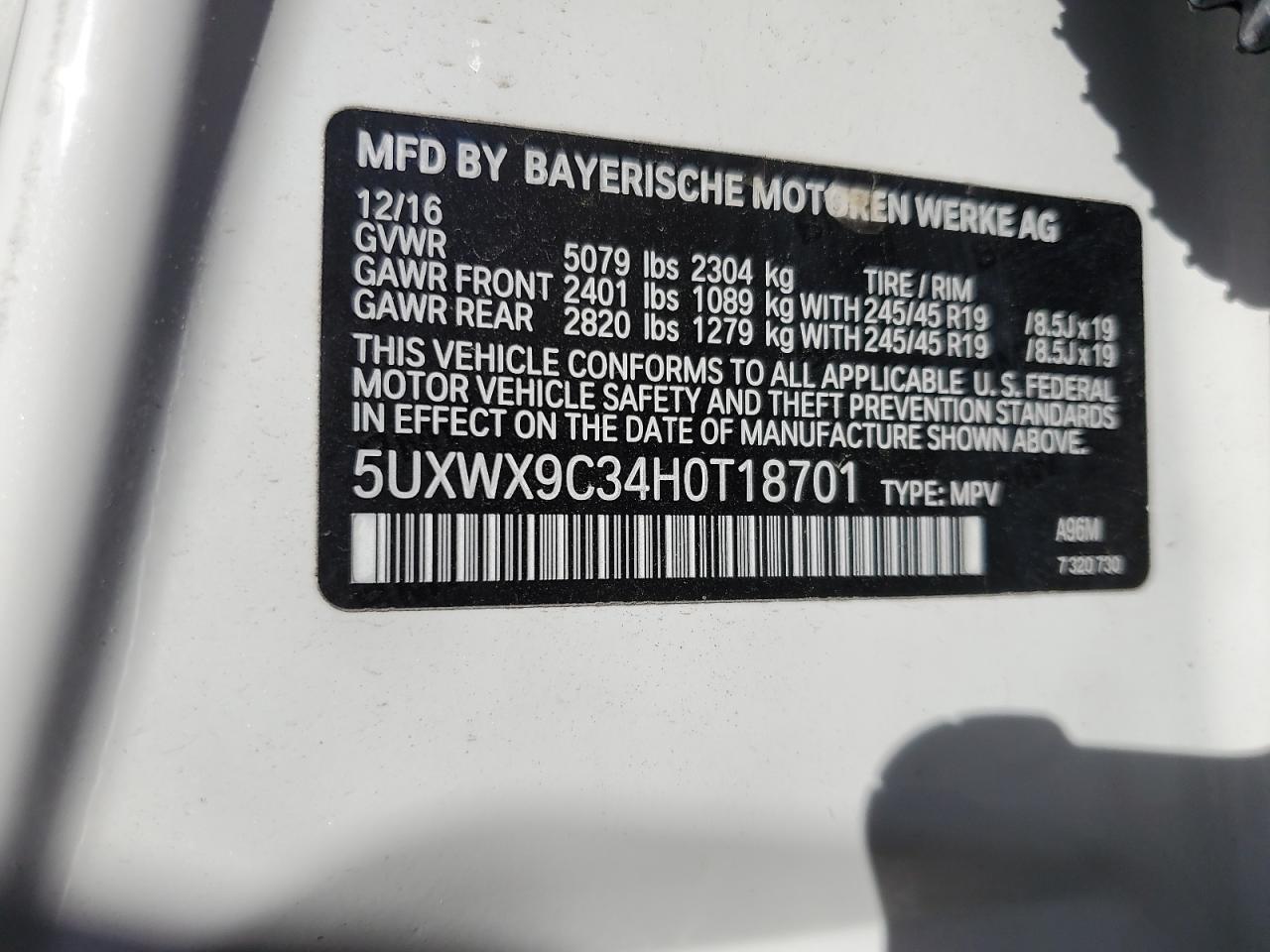 2017 BMW X3 xDrive28I VIN: 5UXWX9C34H0T18701 Lot: 56912615