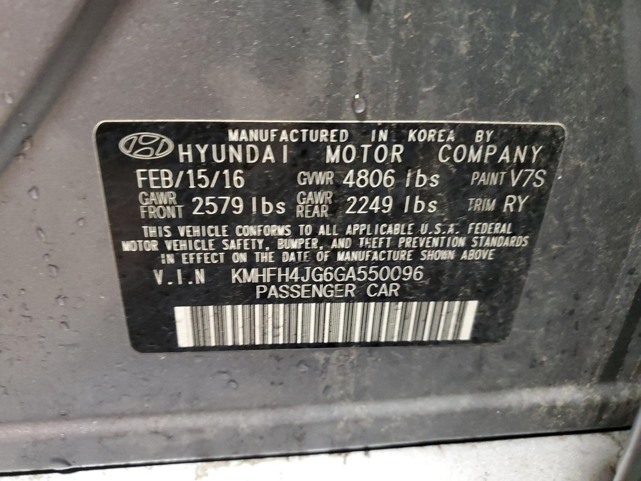 2016 Hyundai Azera Limited VIN: KMHFH4JG6GA550096 Lot: 57422915