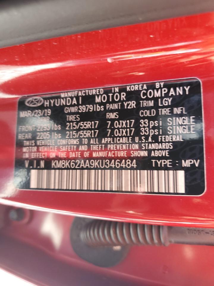 2019 Hyundai Kona Sel VIN: KM8K62AA9KU346484 Lot: 57169445