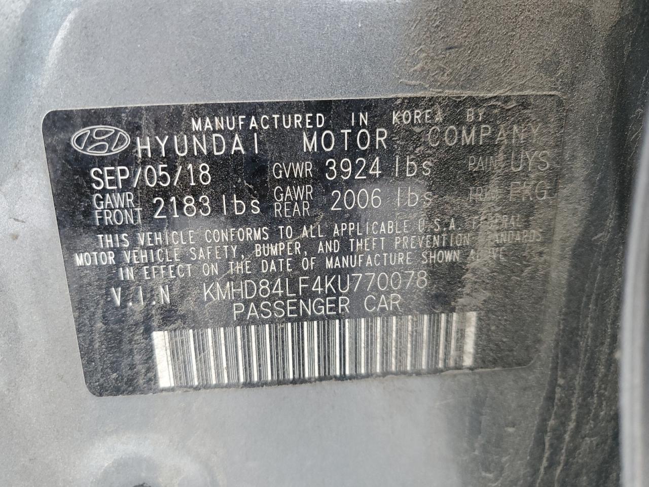 2019 Hyundai Elantra Sel VIN: KMHD84LF4KU770078 Lot: 55127435