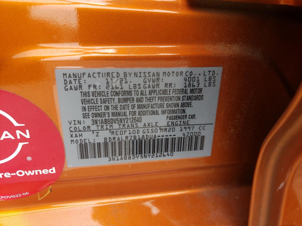 2022 Nissan Sentra Sr VIN: 3N1AB8DV5NY212640 Lot: 57327855