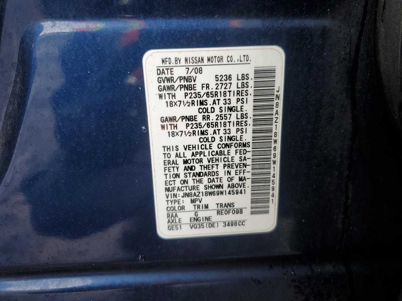 2009 Nissan Murano S VIN: JN8AZ18W69W145941 Lot: 57023275
