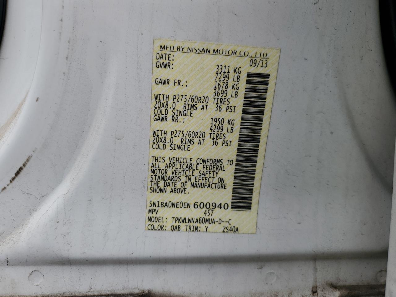 2014 Nissan Armada Platinum VIN: 5N1BA0NE0EN600940 Lot: 56737255