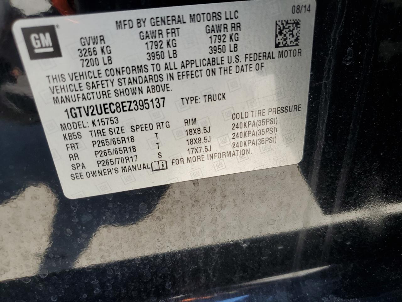 2014 GMC Sierra K1500 Sle VIN: 1GTV2UEC8EZ395137 Lot: 57496225