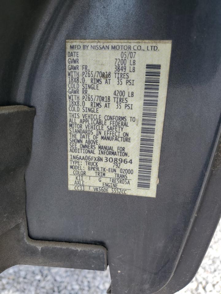 2008 Nissan Titan Xe VIN: 1N6AA06FX8N308964 Lot: 57213475