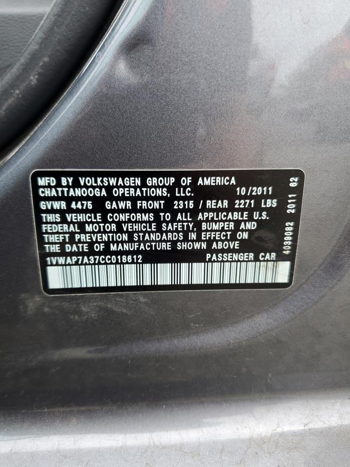 2012 Volkswagen Passat S VIN: 1VWAP7A37CC018612 Lot: 57418075