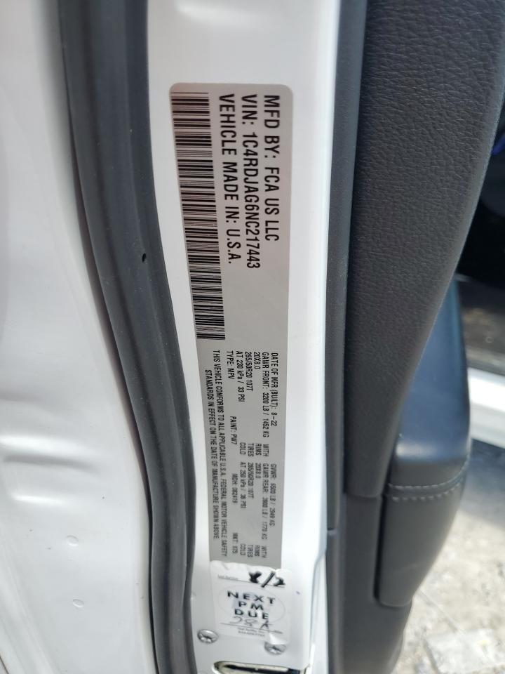 2022 Dodge Durango Sxt VIN: 1C4RDJAG6NC217443 Lot: 56776985