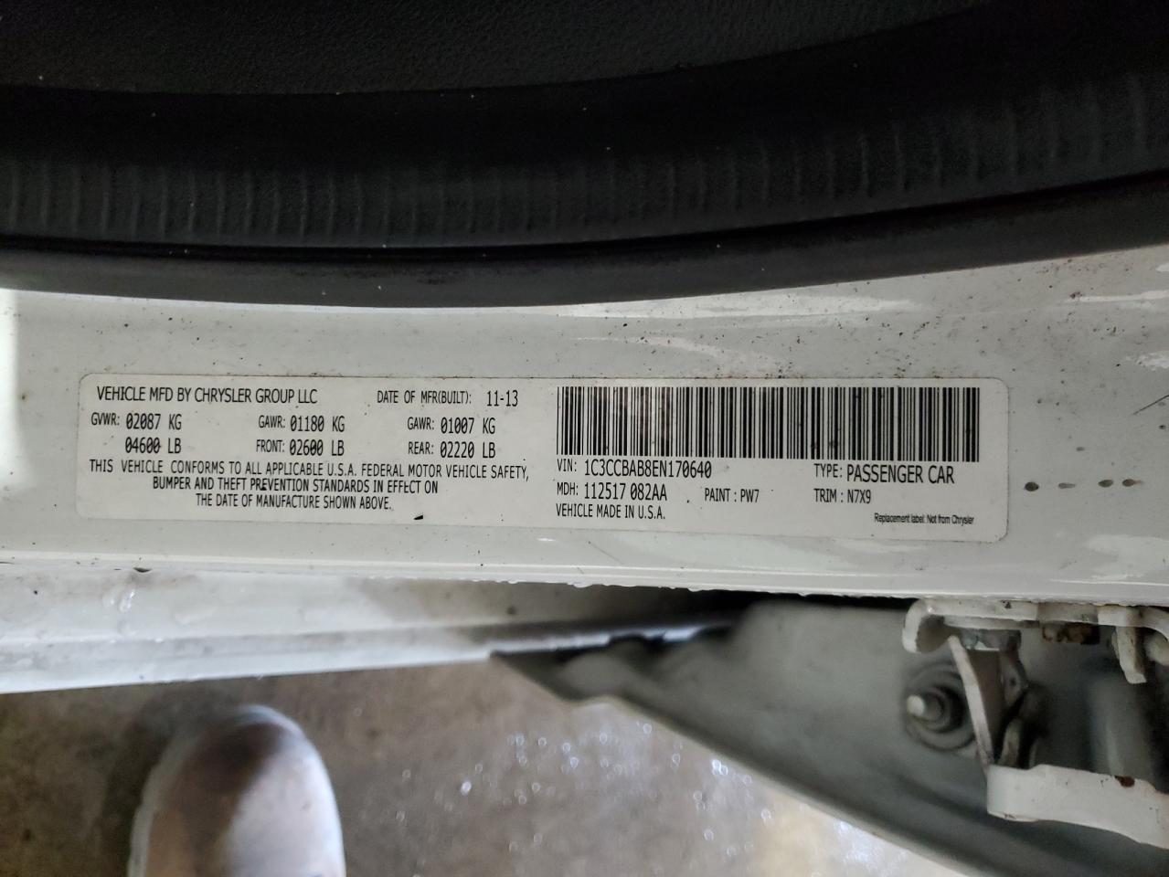 2014 Chrysler 200 Lx VIN: 1C3CCBAB8EN170640 Lot: 54967765