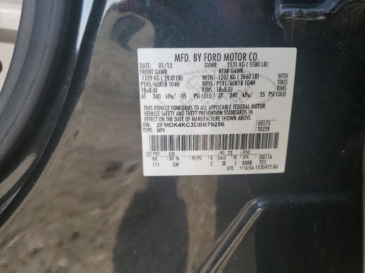 2013 Ford Edge Limited VIN: 2FMDK4KC3DBB79256 Lot: 57137145